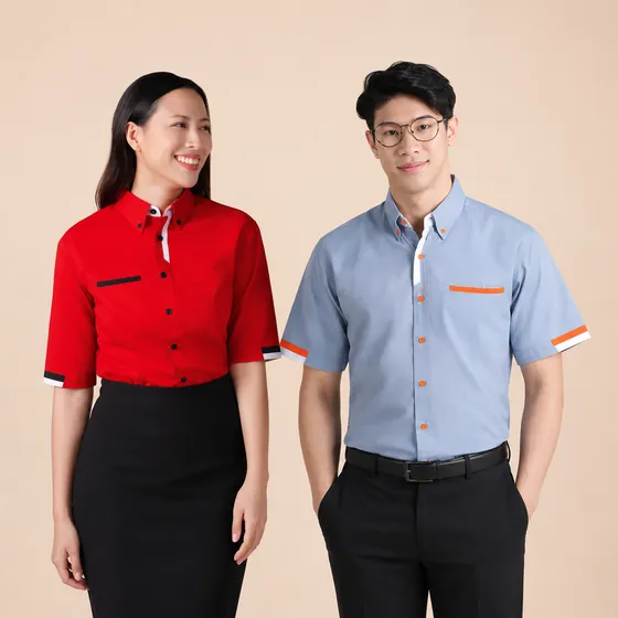 Red and light blue F1 corporate shirts