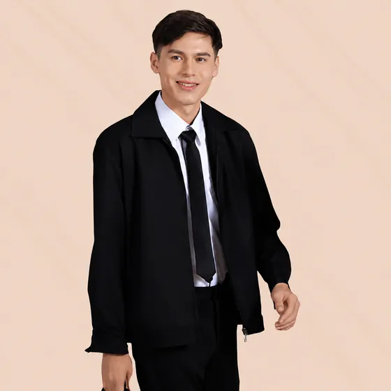 Black corporate jacket worn with shirt and tie