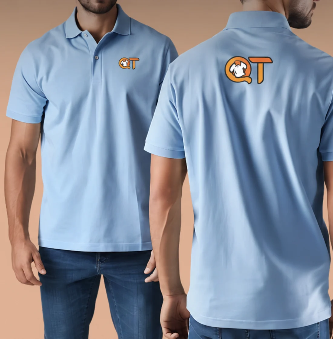 Custom QT polo shirt with printed logo, front and back